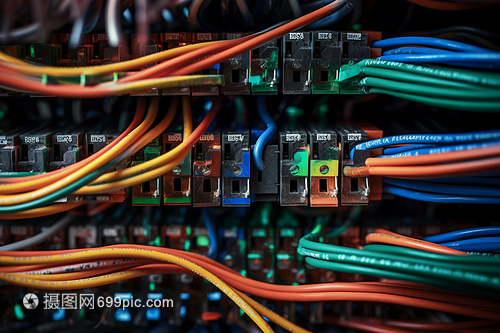 設(shè)備中的彩色電線與電纜 網(wǎng)絡(luò)設(shè)備的連接脈絡(luò)